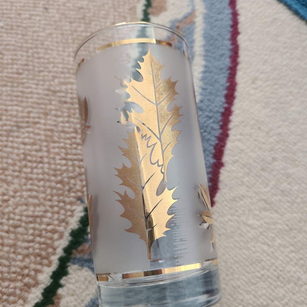 Vintage Frosted & Gold Oak Leaf 6” Libby Drinking Glass MCM HI Ball Set of 6